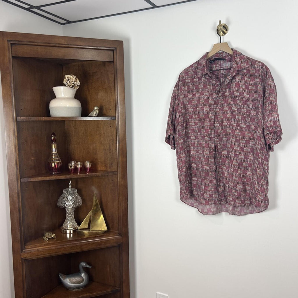 Mens Silk Shirt Large Red Abstract Print Short Sleeve Button Up Vintage