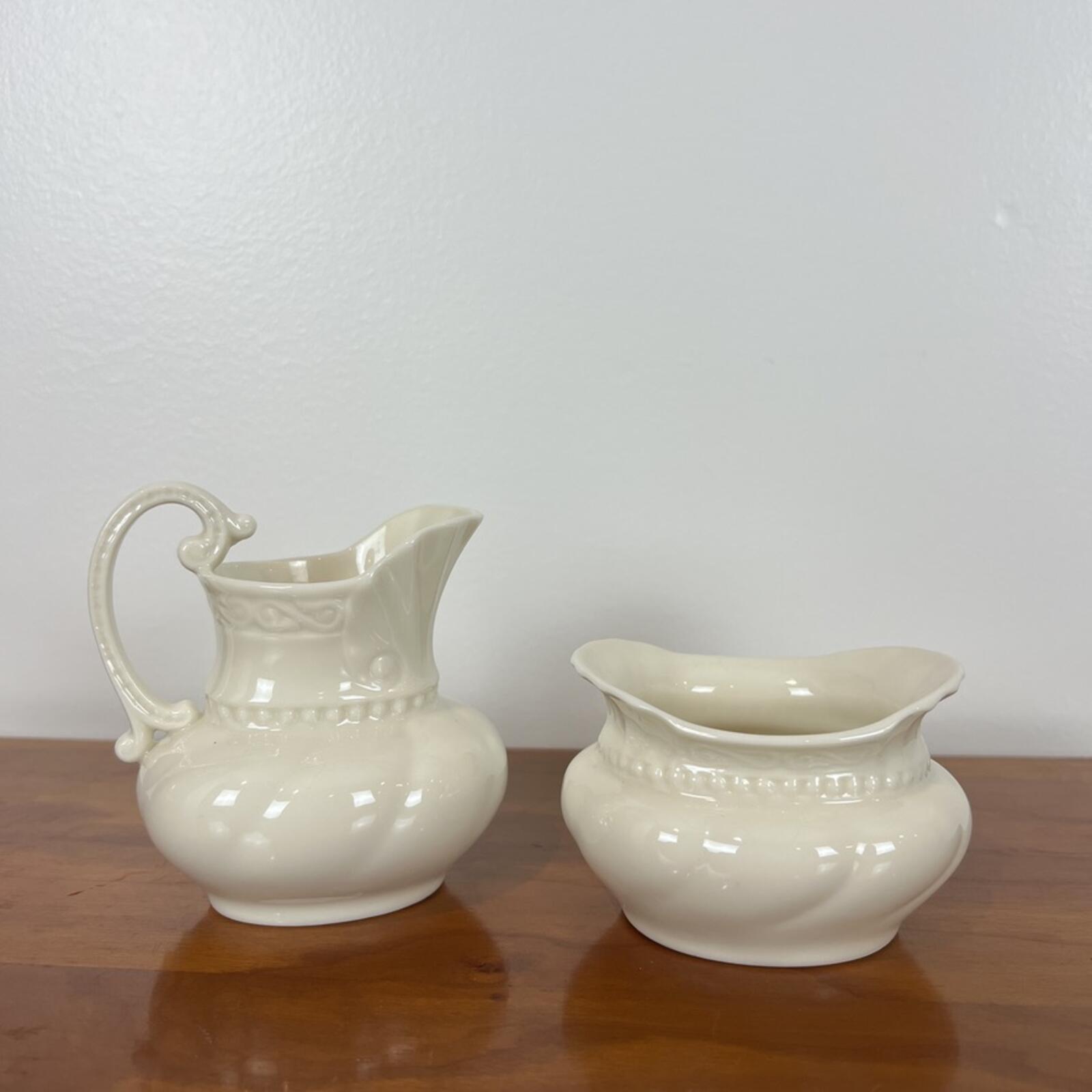 Lenox Ivory Creamer Sugar Bowl Set Gold Stamp Vintage Cottage Core Decor