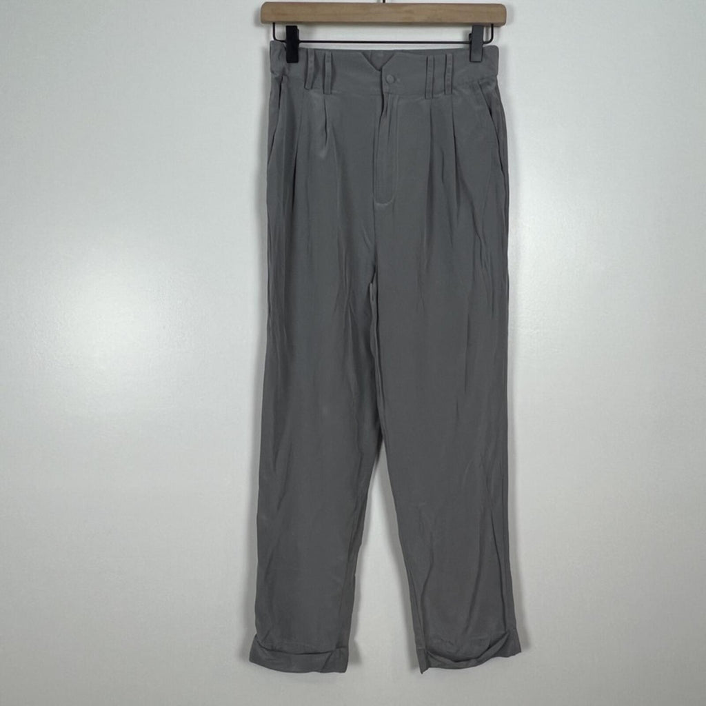 LILYSILK Silk Pants Womens 2 Gray Pleated High Rise Straight Leg Casual