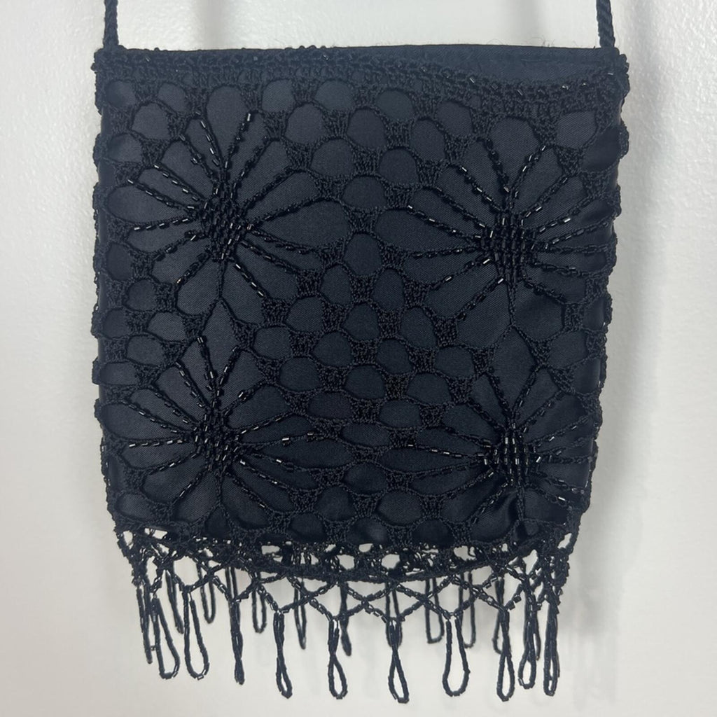Vintage Black Beaded Fringe Crossbody Bag Floral Lace Boho Evening