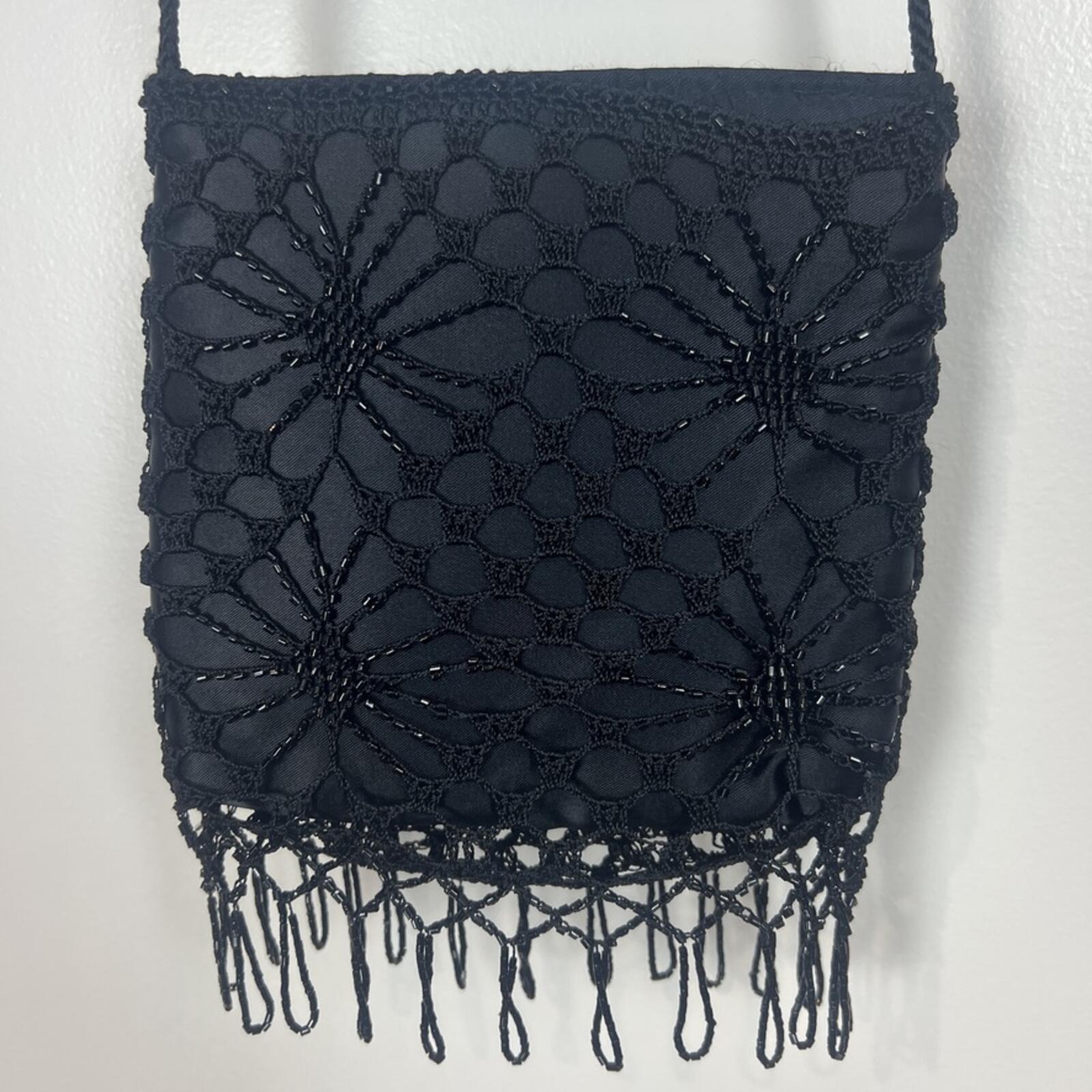 Vintage Black Beaded Fringe Crossbody Bag Floral Lace Boho Evening