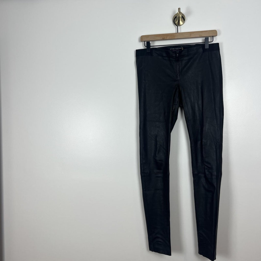 Alice + Olivia Black Leather Skinny Pants Womens 12 High Rise Zip USA