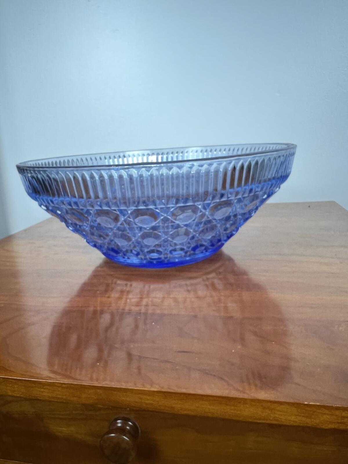 Vintage Blue Pressed Glass Serving Bowl Large Decorative Centerpiece 10 1/2"