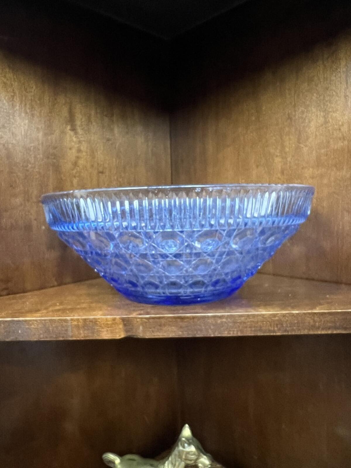 Vintage Blue Pressed Glass Serving Bowl Large Decorative Centerpiece 10 1/2"