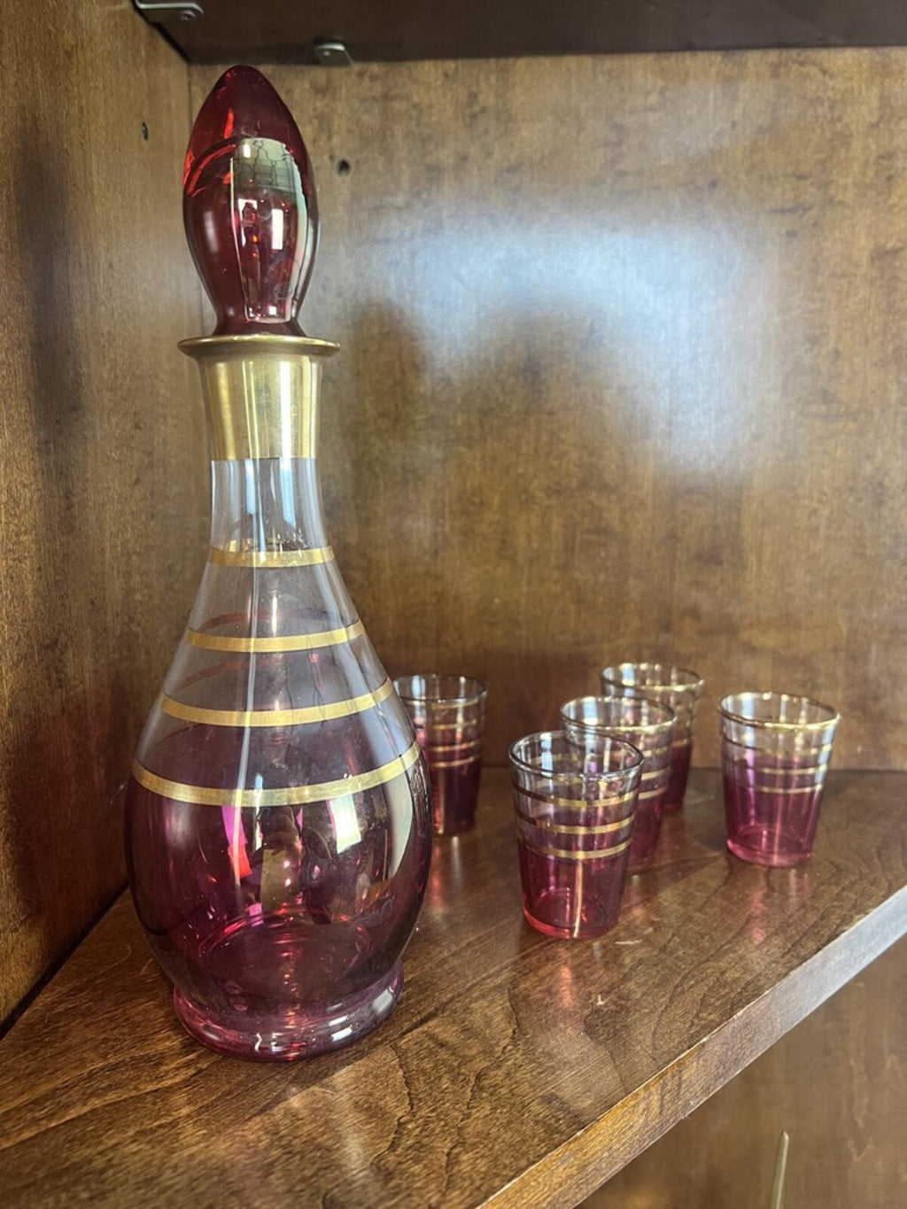 Vintage Cranberry Glass Decanter Set Gold Stripe Barware 8 Piece Set