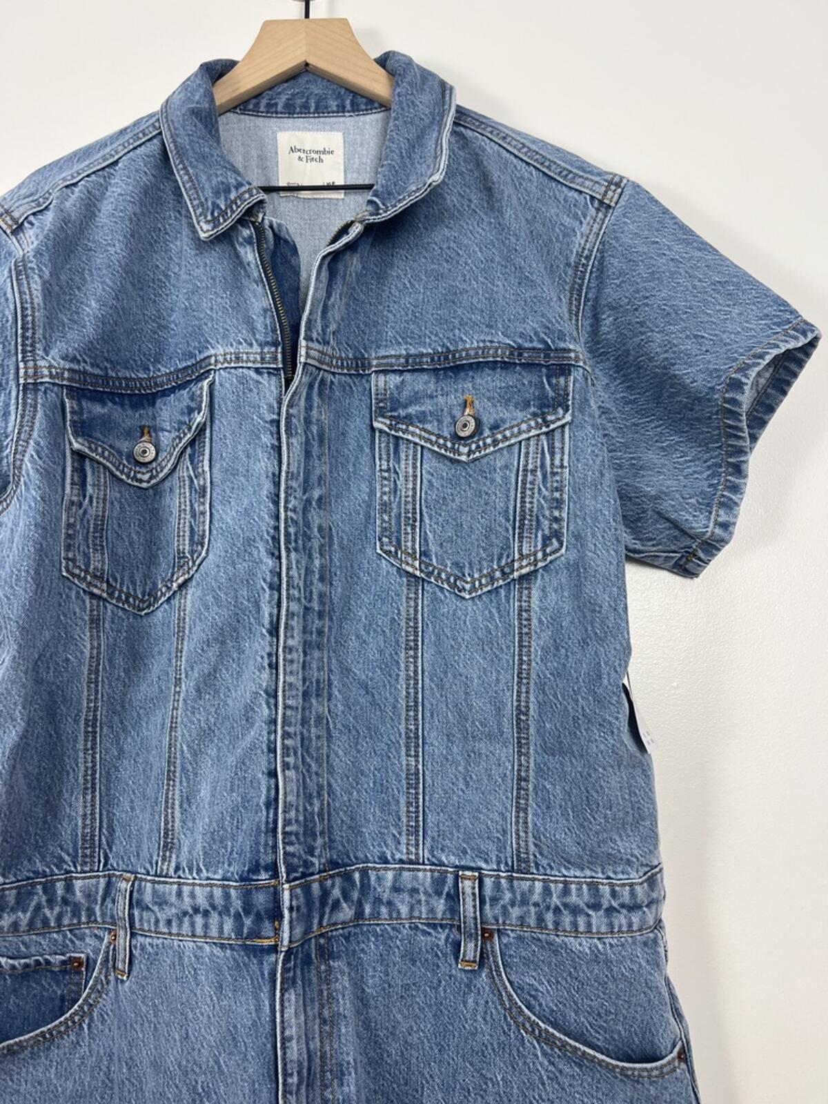 Abercrombie Denim Jumpsuit Short Sleeve Utility Wide Leg NWT XLP