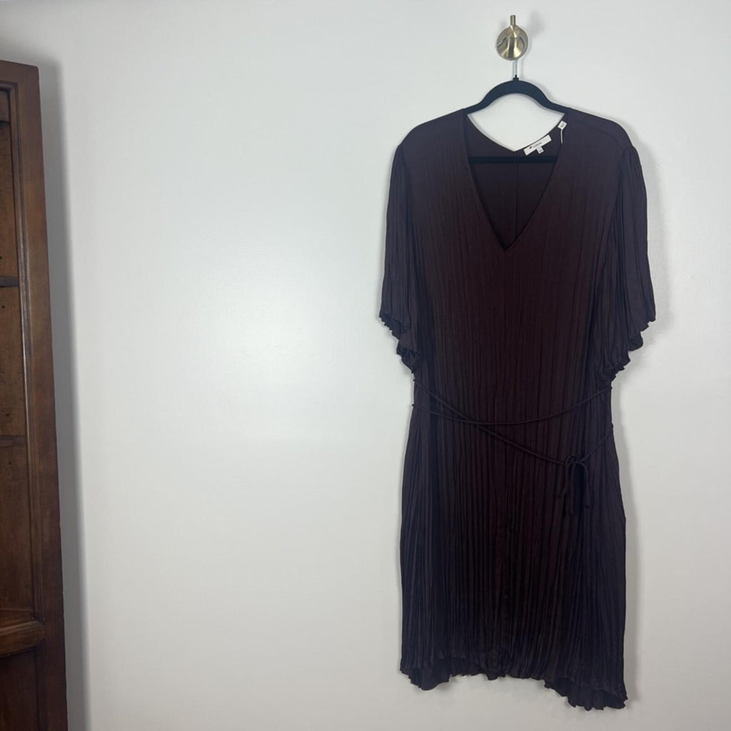 Vince Burgundy Pleated Knee Length Dress Sheer Overlay Tie Waist XXL NWOT