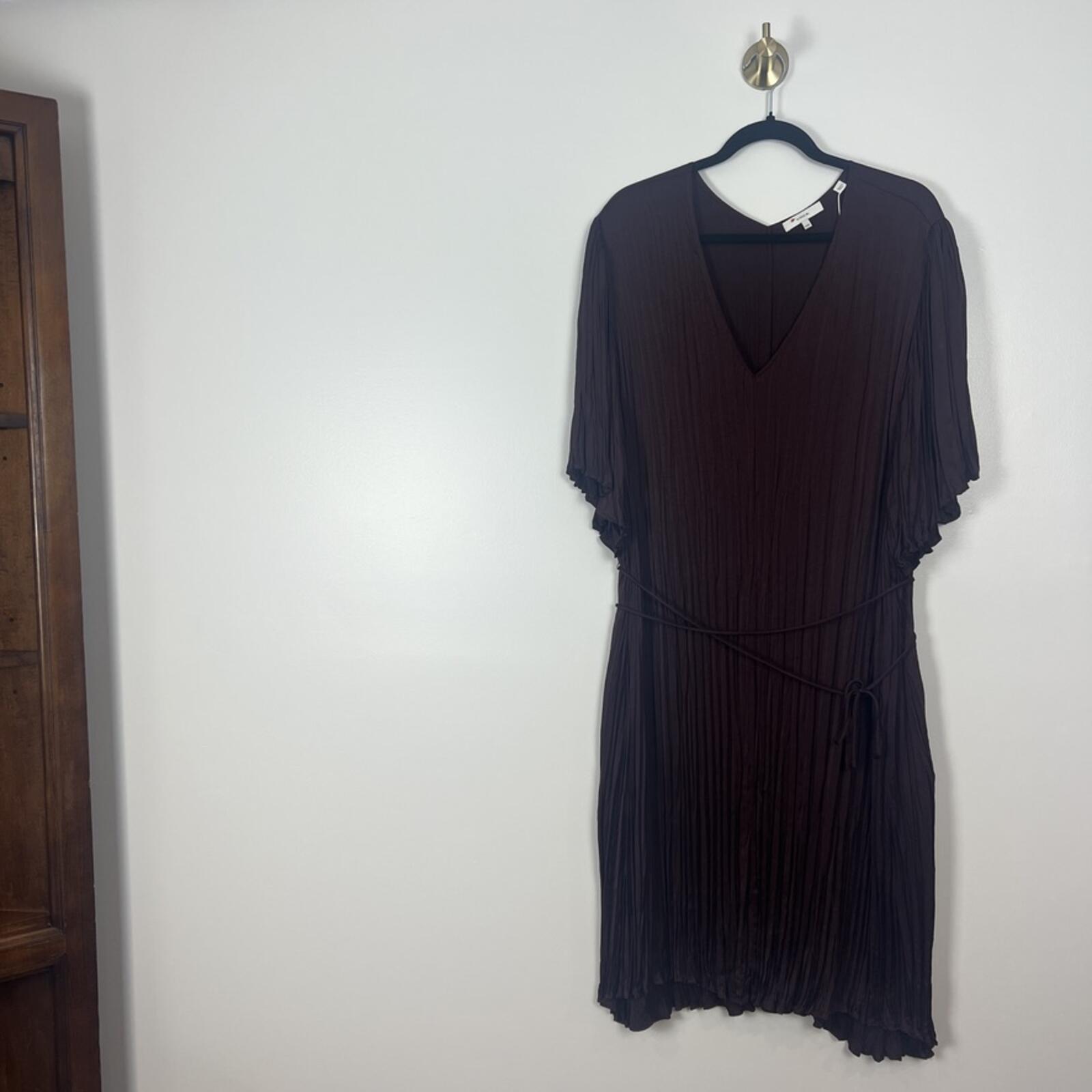 Vince Burgundy Pleated Knee Length Dress Sheer Overlay Tie Waist XXL NWOT