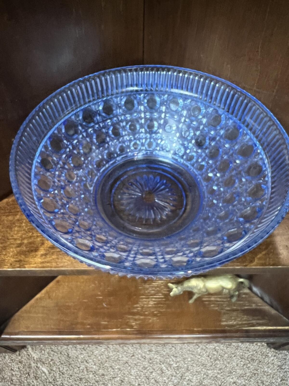 Vintage Blue Pressed Glass Serving Bowl Large Decorative Centerpiece 10 1/2"