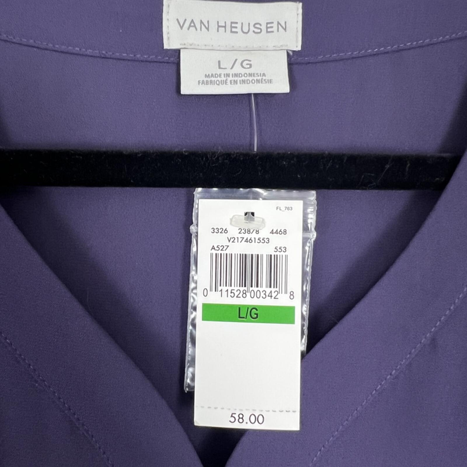 Van Heusen Blouse L Purple 3/4 Sleeve V Neck Button Career Top NWT