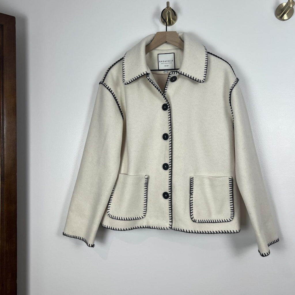 Bagatelle Cream Wool Blend Jacket Contrast Stitch Button Front Coat L