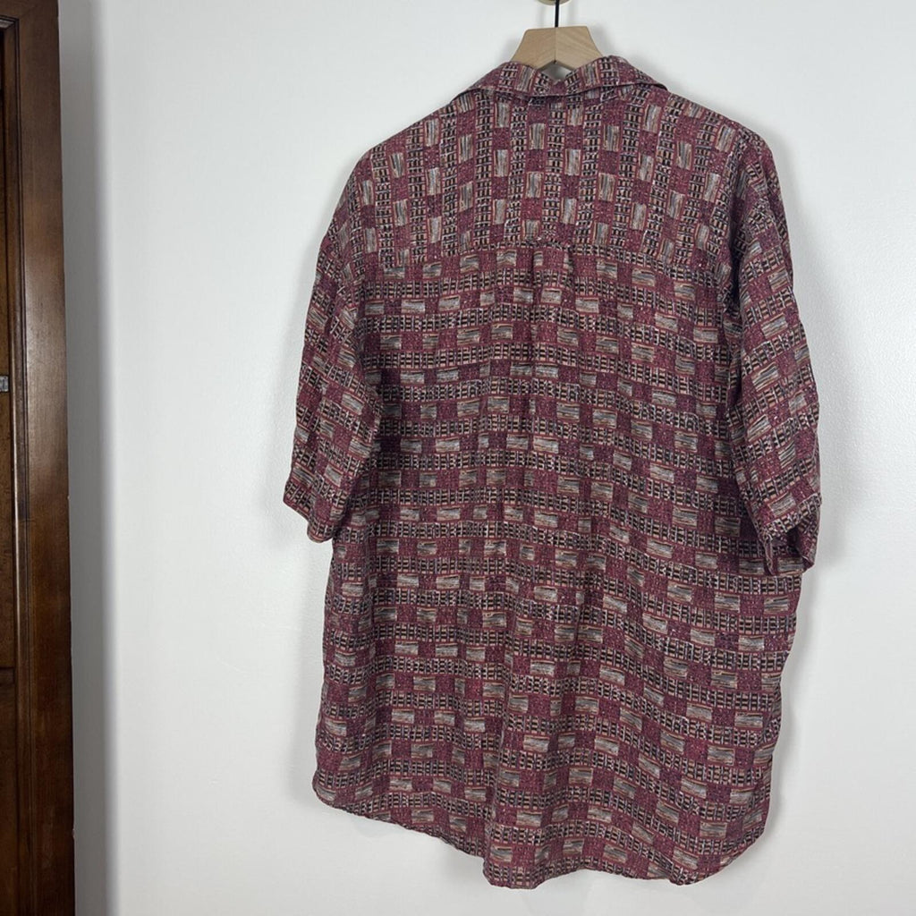 Mens Silk Shirt Large Red Abstract Print Short Sleeve Button Up Vintage