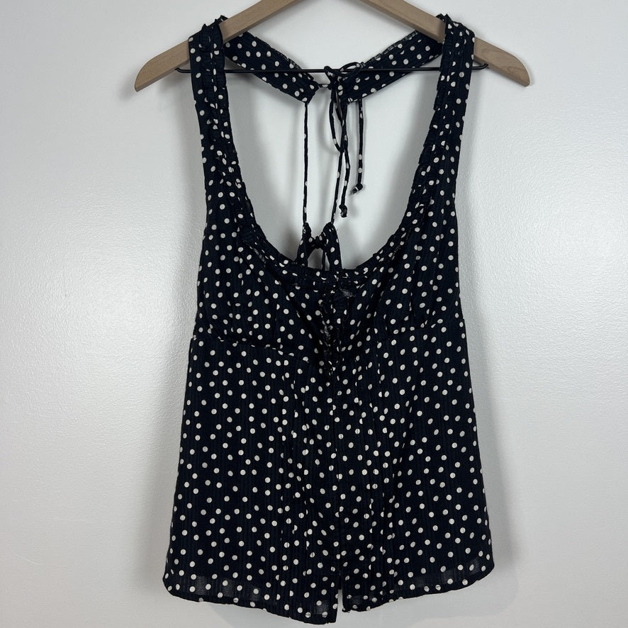 Free People Polka Dot Tank Top Black White Boho Tie Back Cotton Rayon
