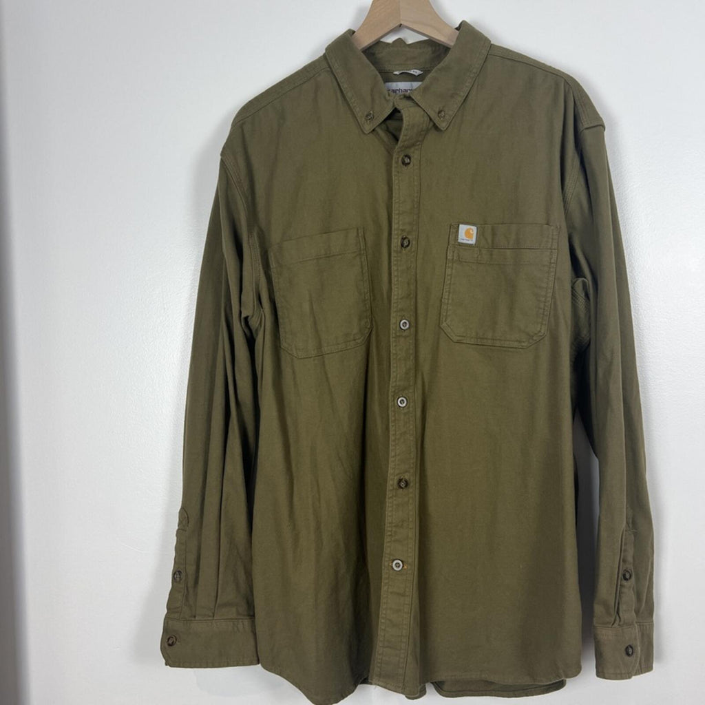 Carhartt Relaxed Fit Olive Button Down Shirt XL Workwear Cotton Utility
