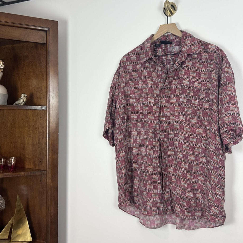 Mens Silk Shirt Large Red Abstract Print Short Sleeve Button Up Vintage