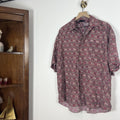 Mens Silk Shirt Large Red Abstract Print Short Sleeve Button Up Vintage