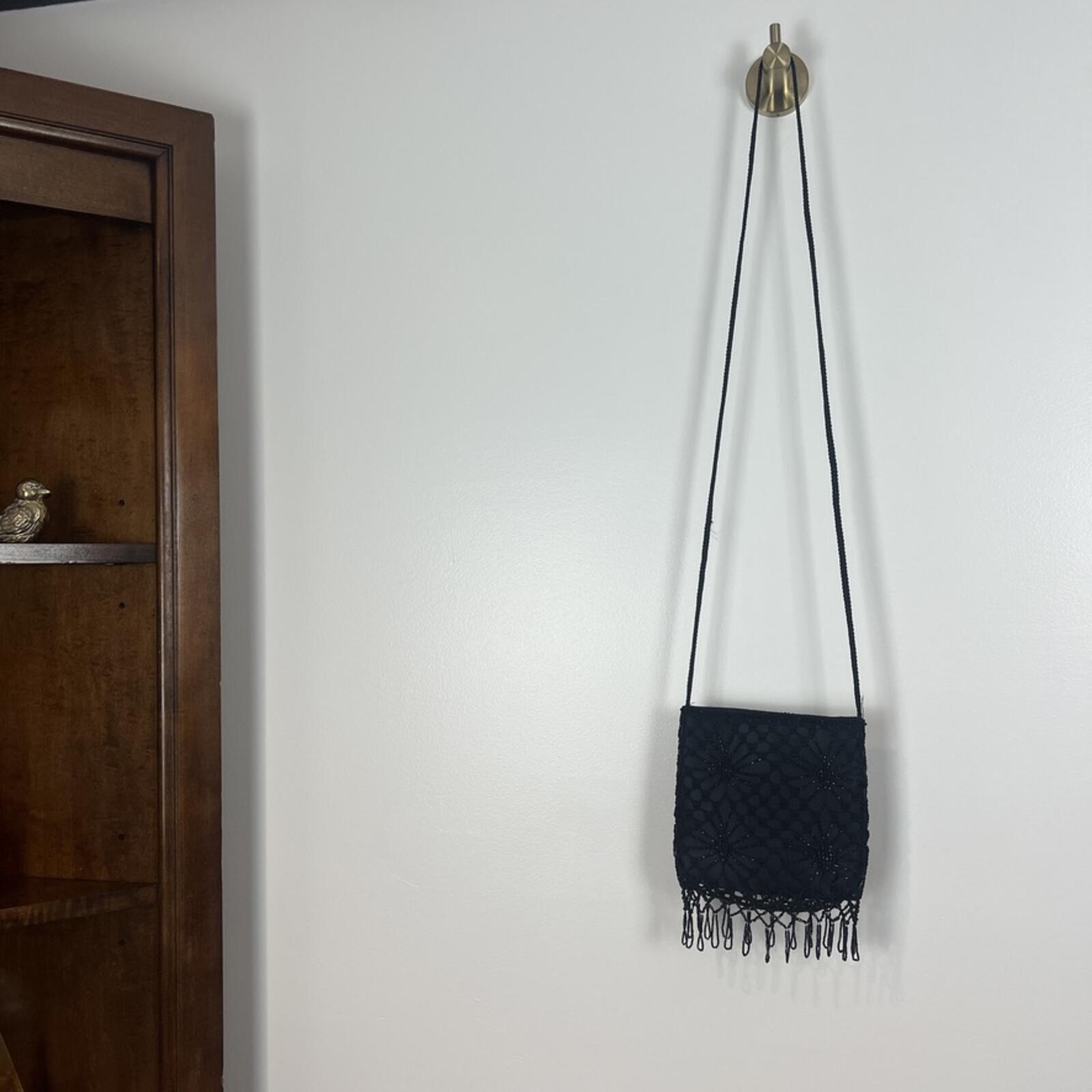 Vintage Black Beaded Fringe Crossbody Bag Floral Lace Boho Evening