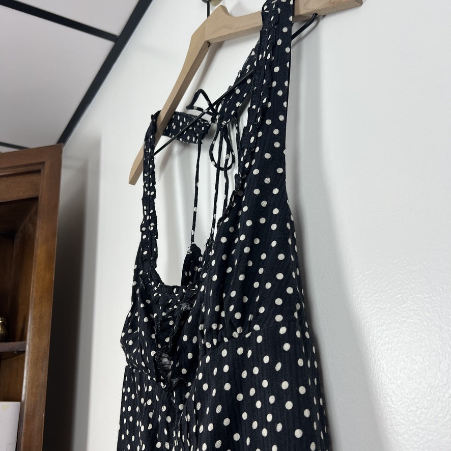 Free People Polka Dot Tank Top Black White Boho Tie Back Cotton Rayon