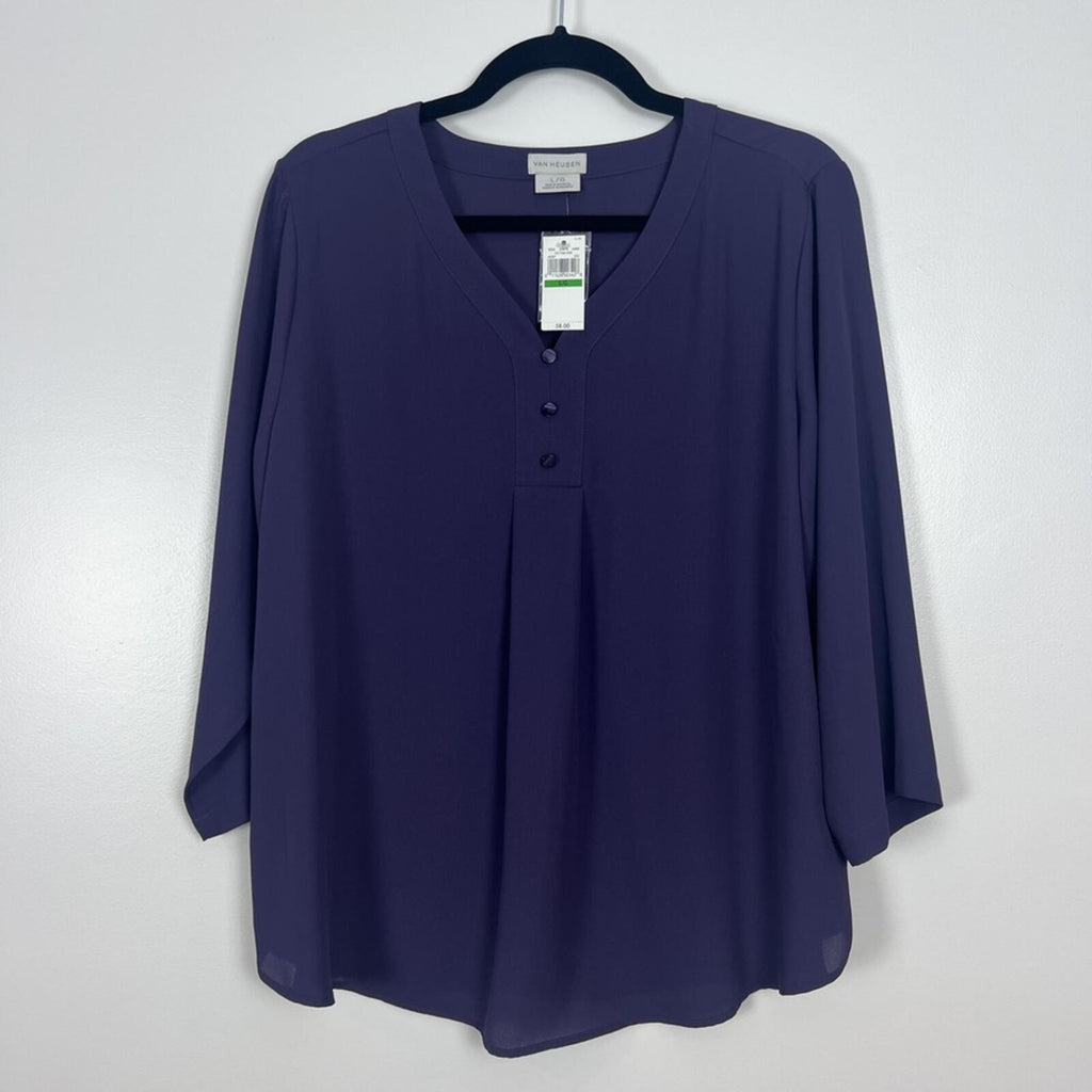 Van Heusen Blouse L Purple 3/4 Sleeve V Neck Button Career Top NWT