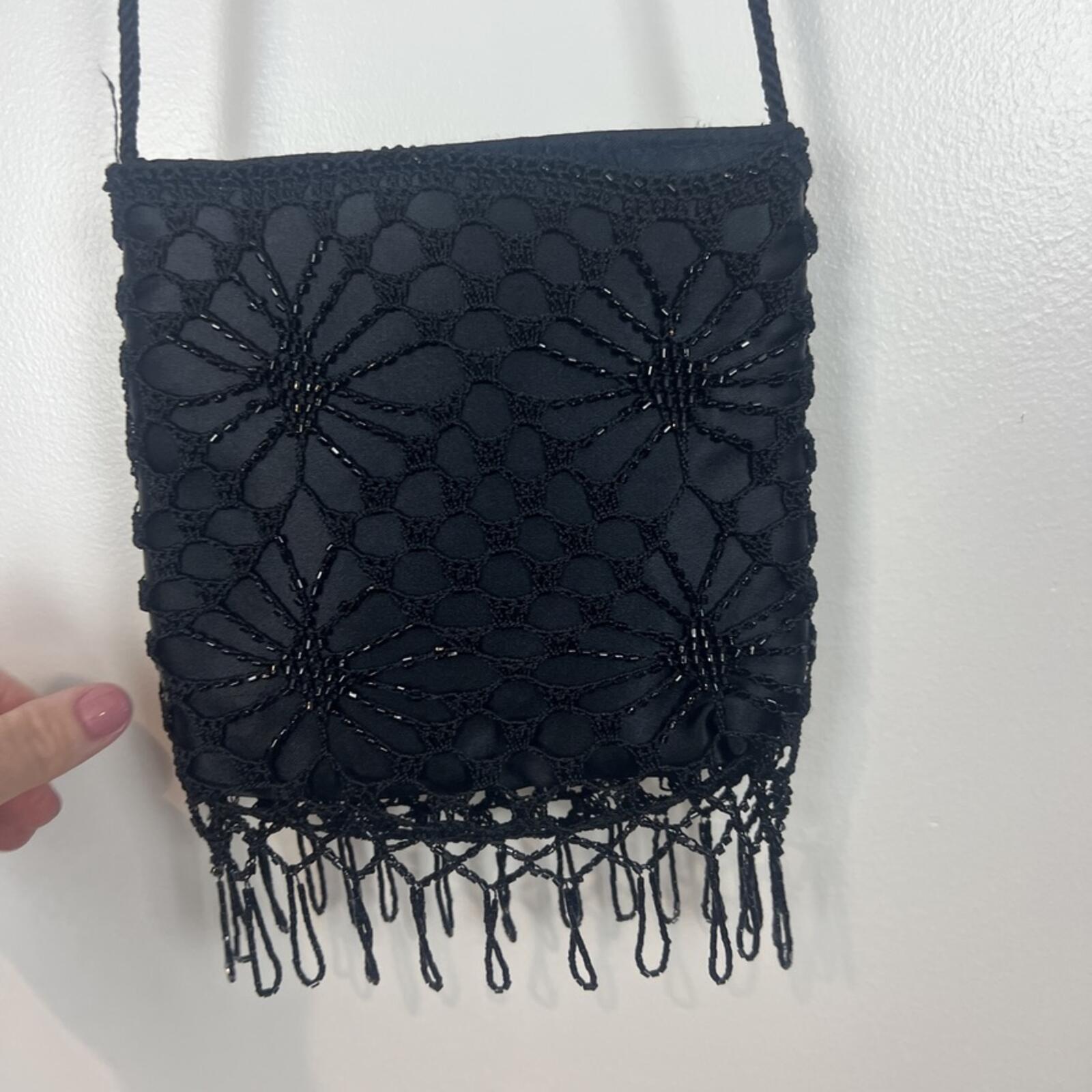Vintage Black Beaded Fringe Crossbody Bag Floral Lace Boho Evening