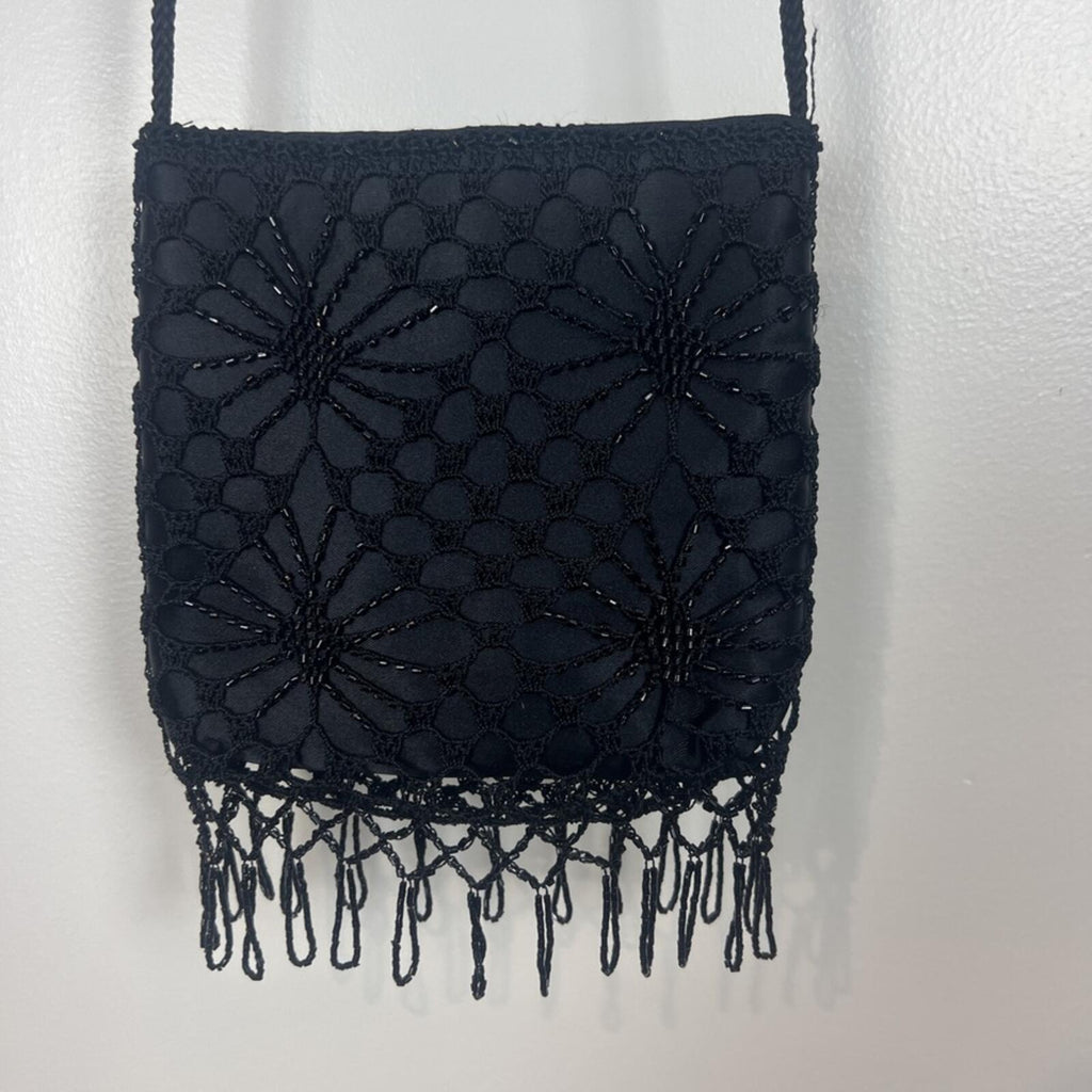 Vintage Black Beaded Fringe Crossbody Bag Floral Lace Boho Evening