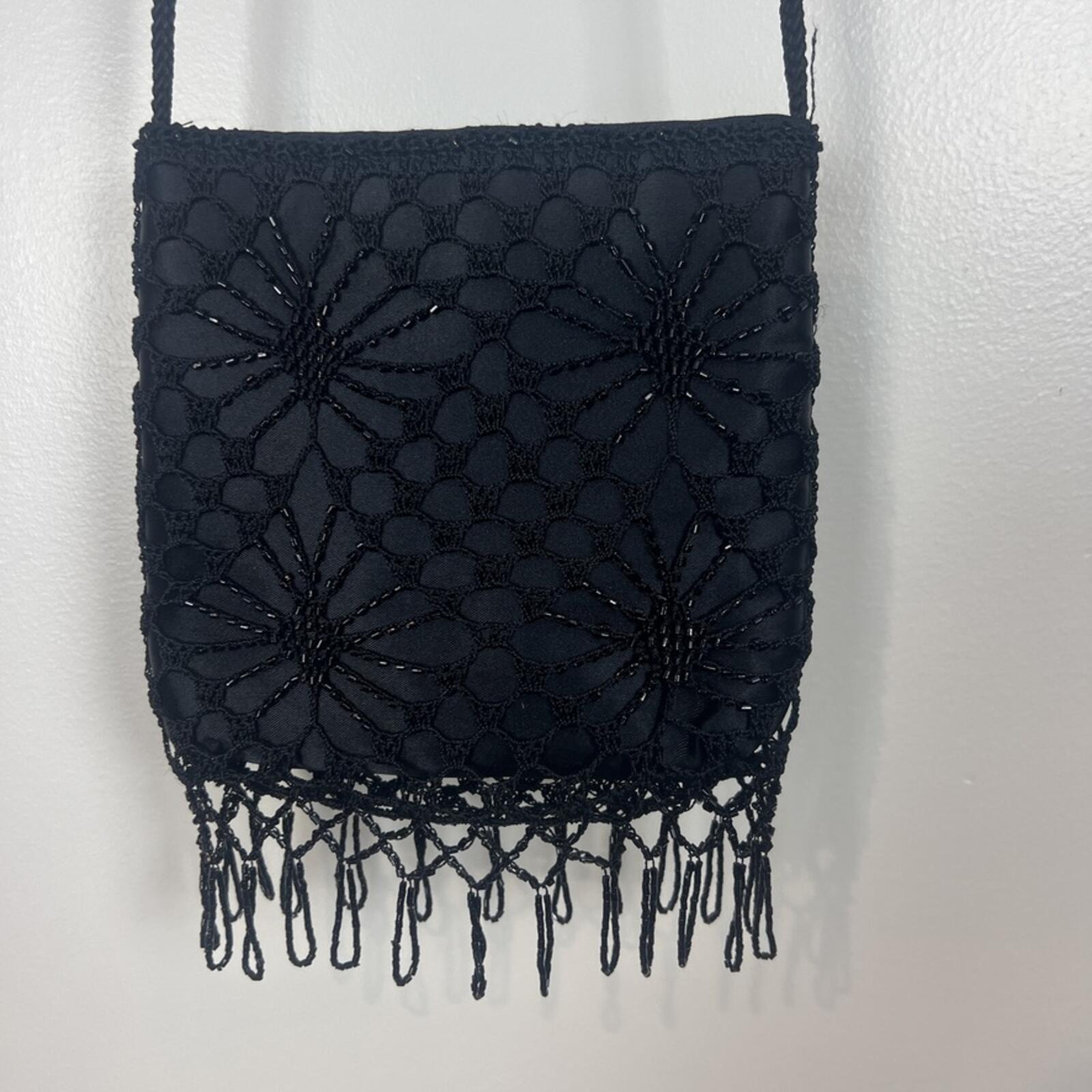 Vintage Black Beaded Fringe Crossbody Bag Floral Lace Boho Evening