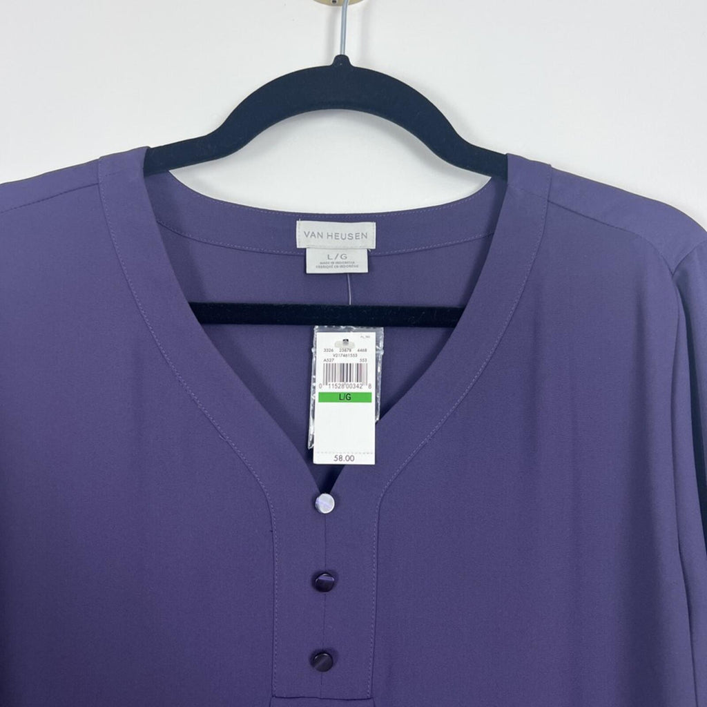 Van Heusen Blouse L Purple 3/4 Sleeve V Neck Button Career Top NWT