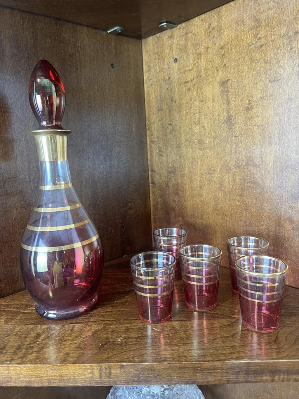Vintage Cranberry Glass Decanter Set Gold Stripe Barware 8 Piece Set