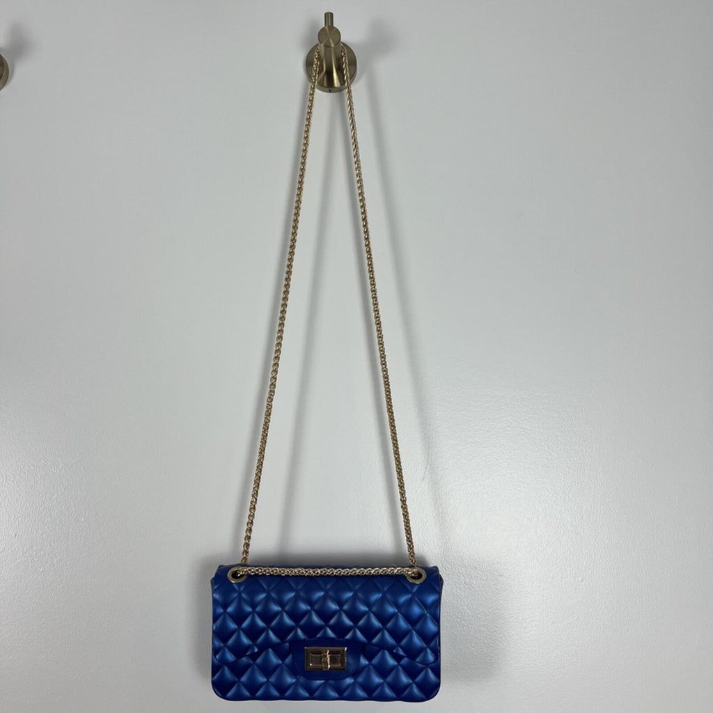 Royal Blue Quilted Jelly Crossbody Bag Gold Chain Strap NWT Chic