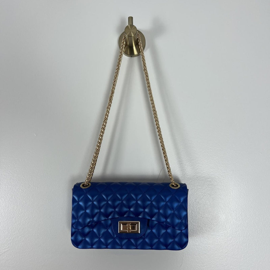 Royal Blue Quilted Jelly Crossbody Bag Gold Chain Strap NWT Chic
