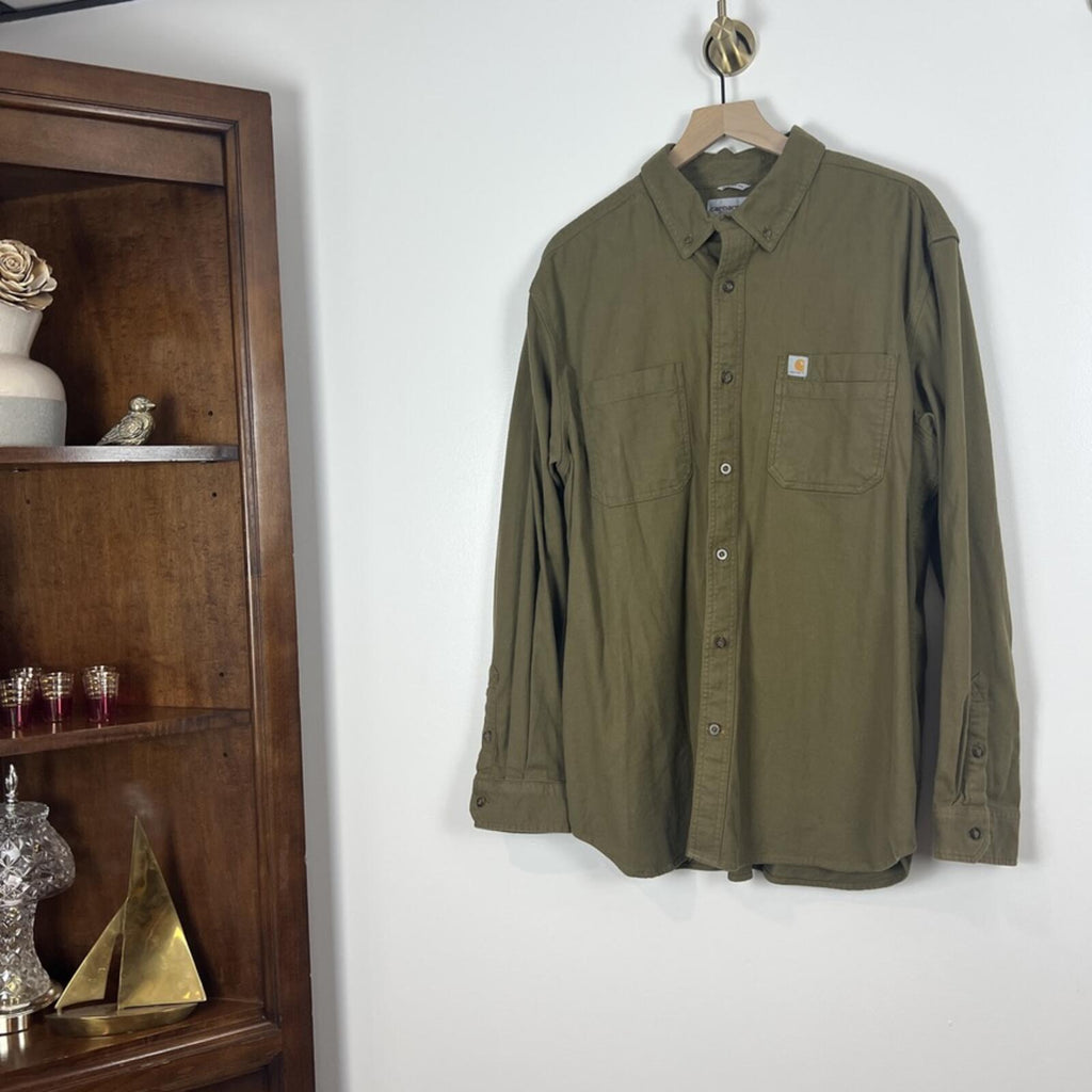 Carhartt Relaxed Fit Olive Button Down Shirt XL Workwear Cotton Utility