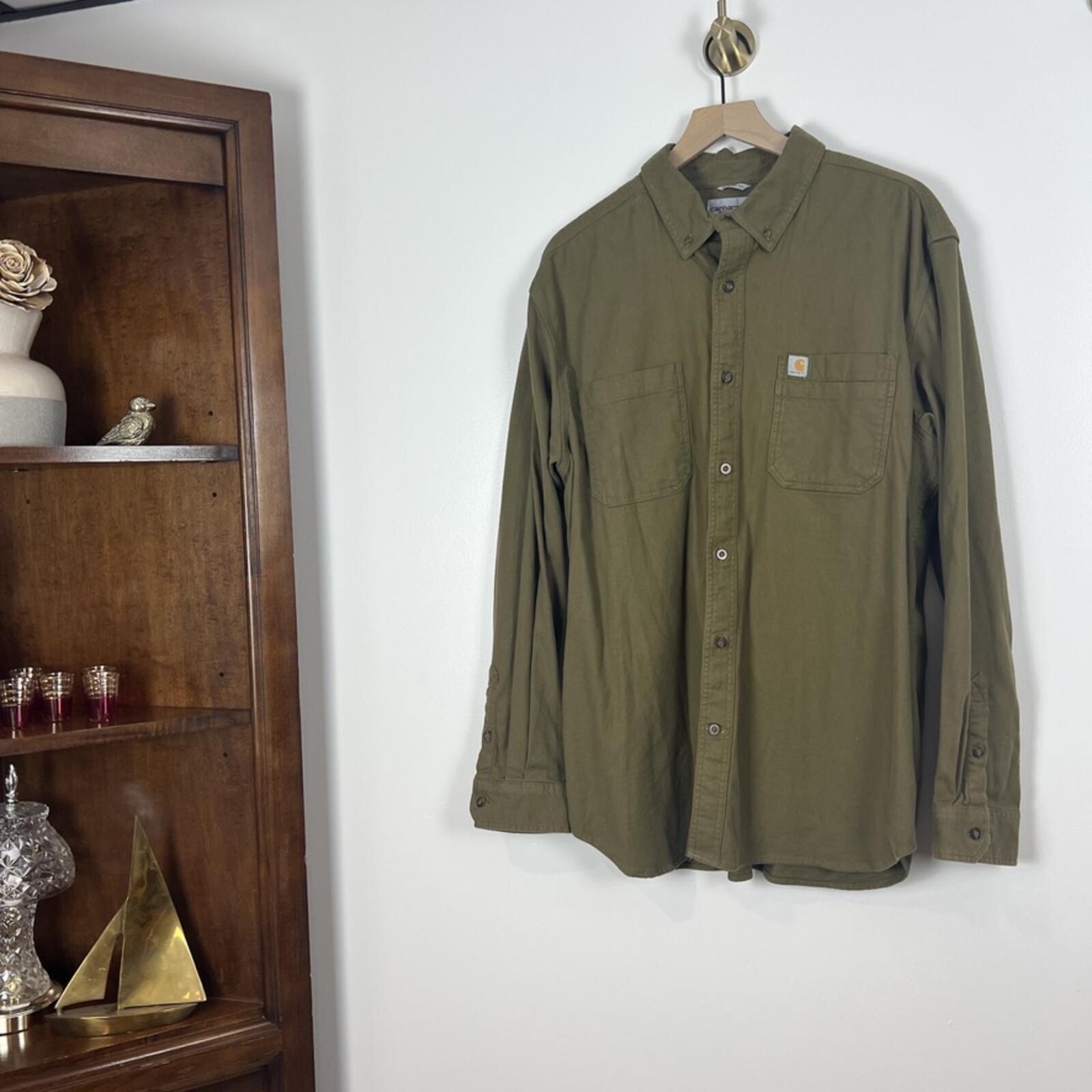 Carhartt Relaxed Fit Olive Button Down Shirt XL Workwear Cotton Utility