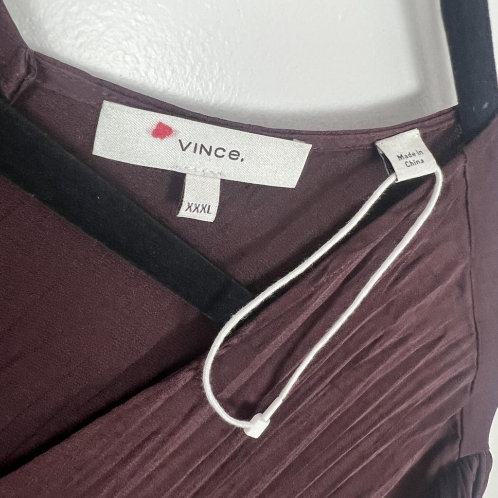 Vince Burgundy Pleated Knee Length Dress Sheer Overlay Tie Waist XXL NWOT