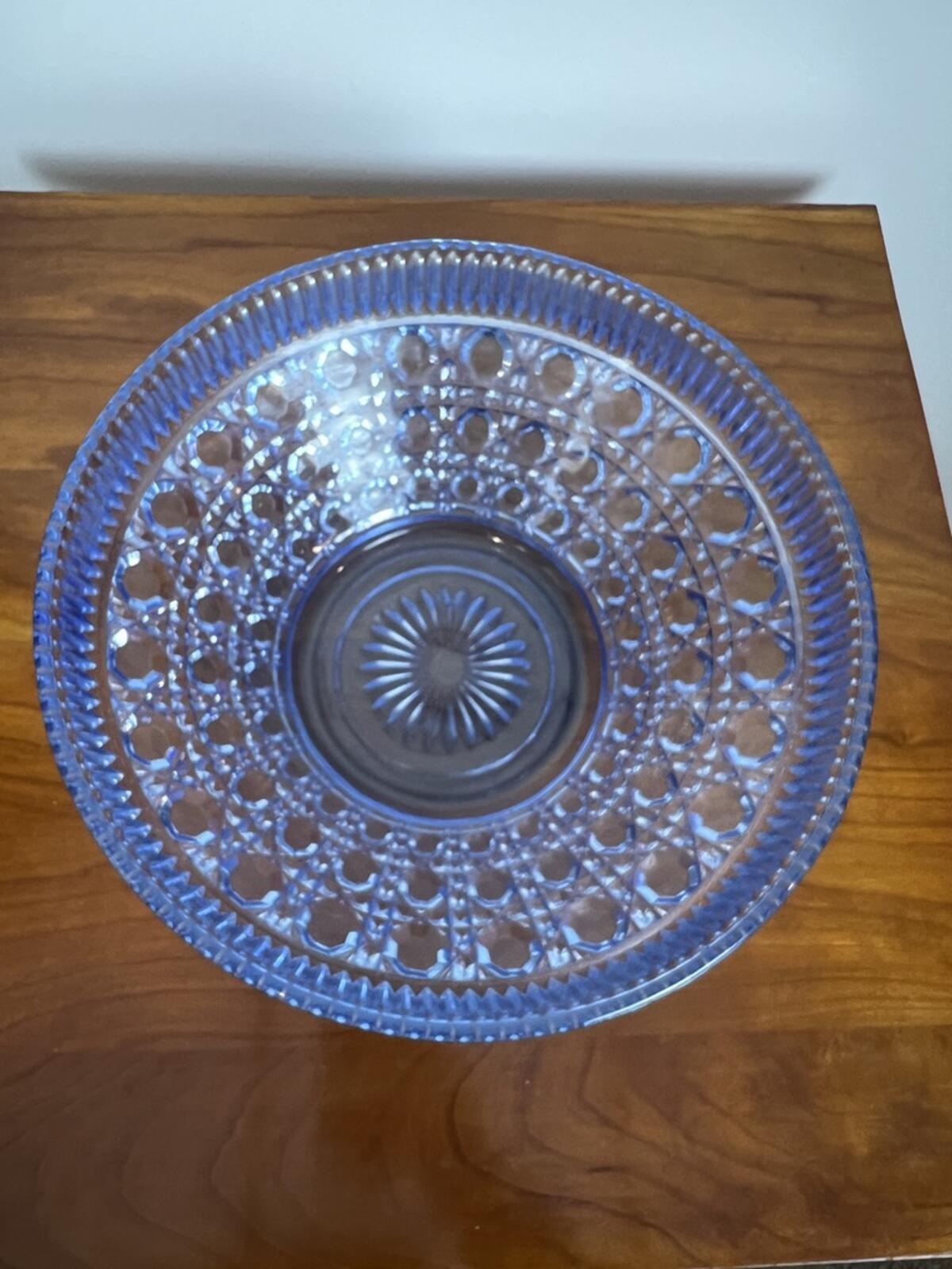 Vintage Blue Pressed Glass Serving Bowl Large Decorative Centerpiece 10 1/2"