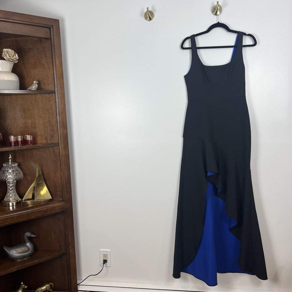BCBGMAXAZRIA Black Blue Ruffle Midi Dress Size 4 NWT Formal Evening