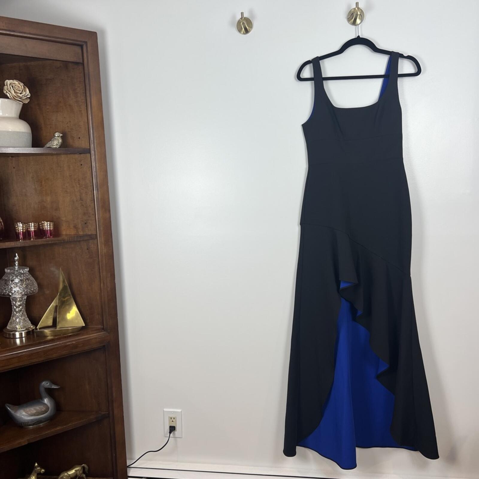 BCBGMAXAZRIA Black Blue Ruffle Midi Dress Size 4 NWT Formal Evening