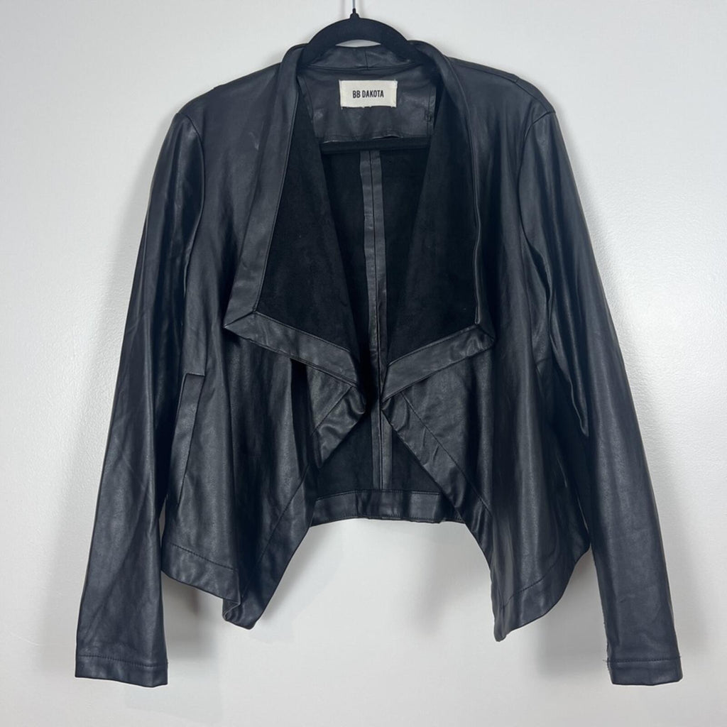 BB Dakota Faux Leather Jacket Womens Small Black Drape Open Moto Crop