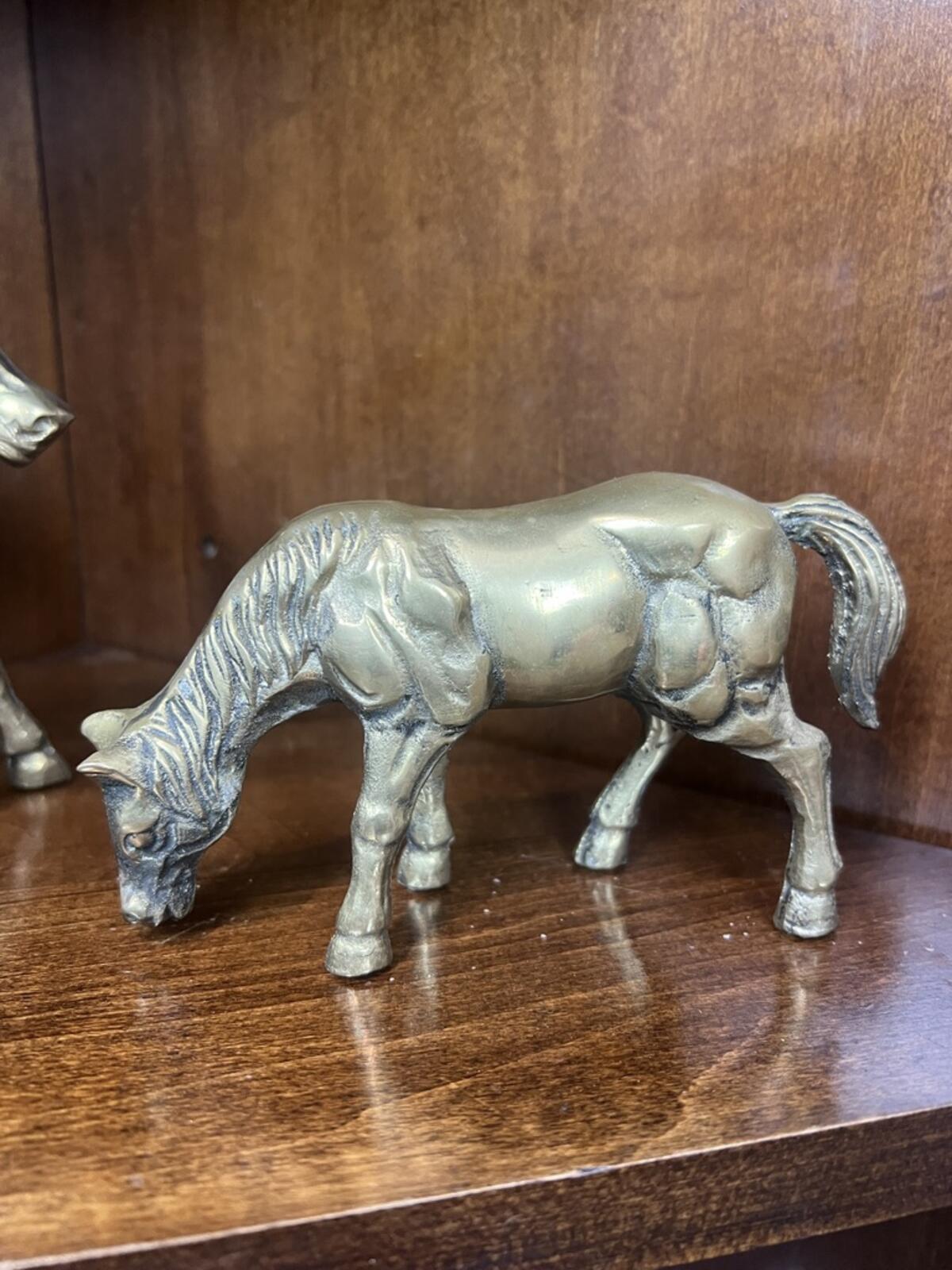 Vintage Solid Brass Horse Figurines Set Mid Century Farm Decor Pair 5"