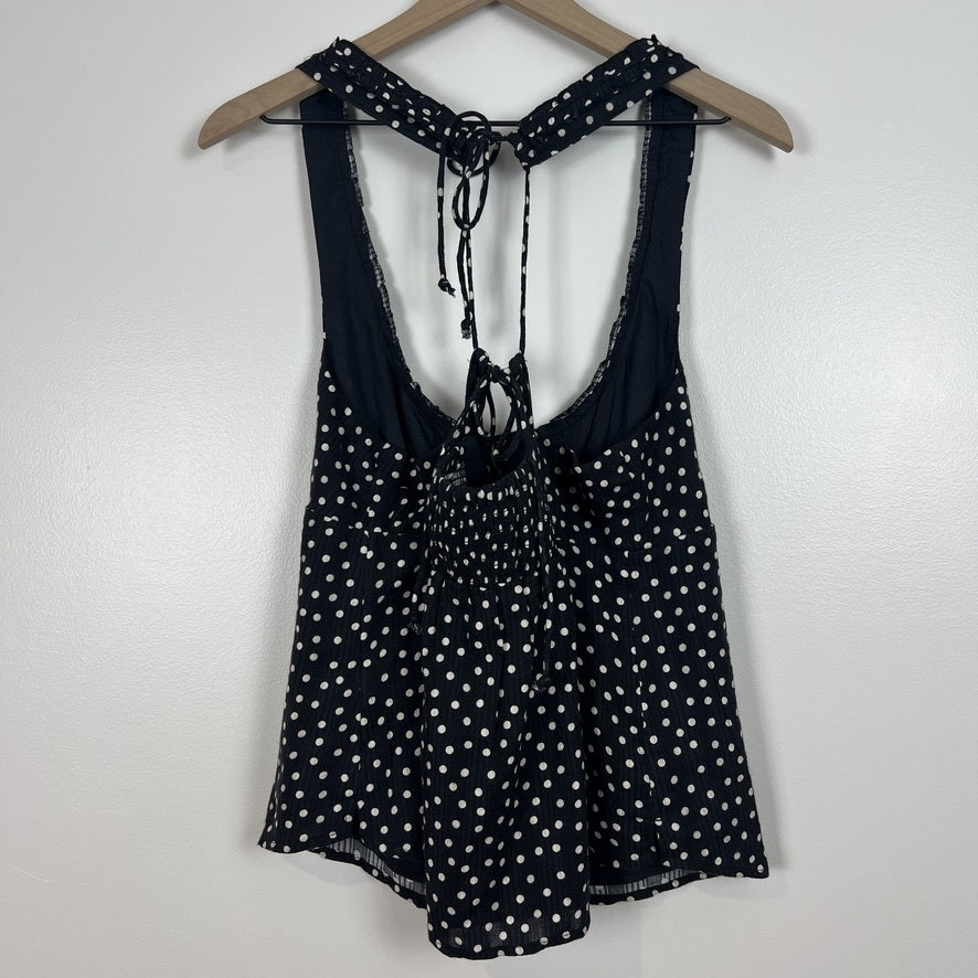 Free People Polka Dot Tank Top Black White Boho Tie Back Cotton Rayon