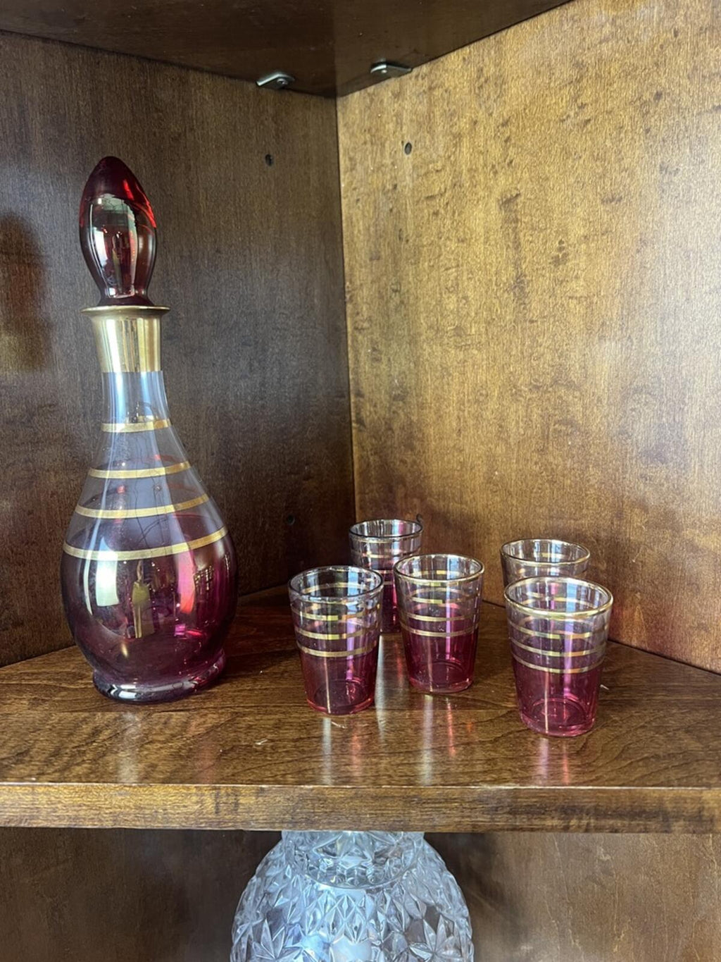 Vintage Cranberry Glass Decanter Set Gold Stripe Barware 8 Piece Set