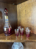 Vintage Cranberry Glass Decanter Set Gold Stripe Barware 8 Piece Set