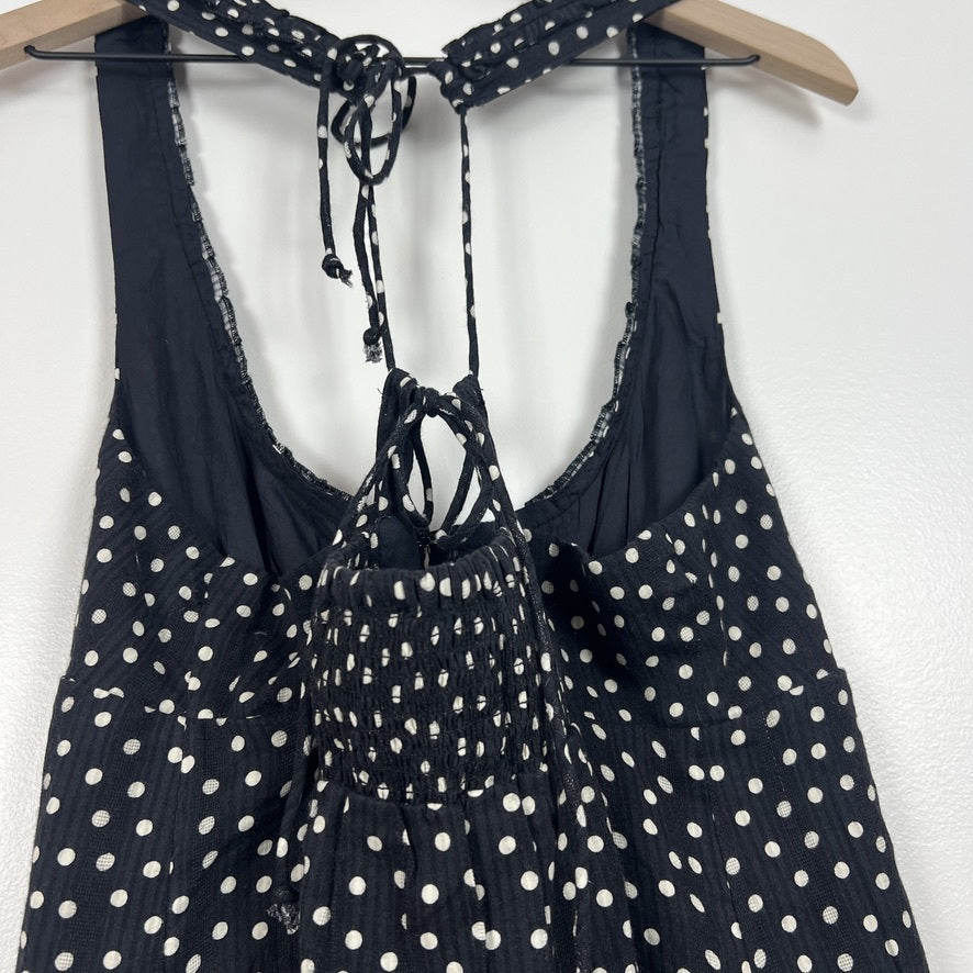 Free People Polka Dot Tank Top Black White Boho Tie Back Cotton Rayon