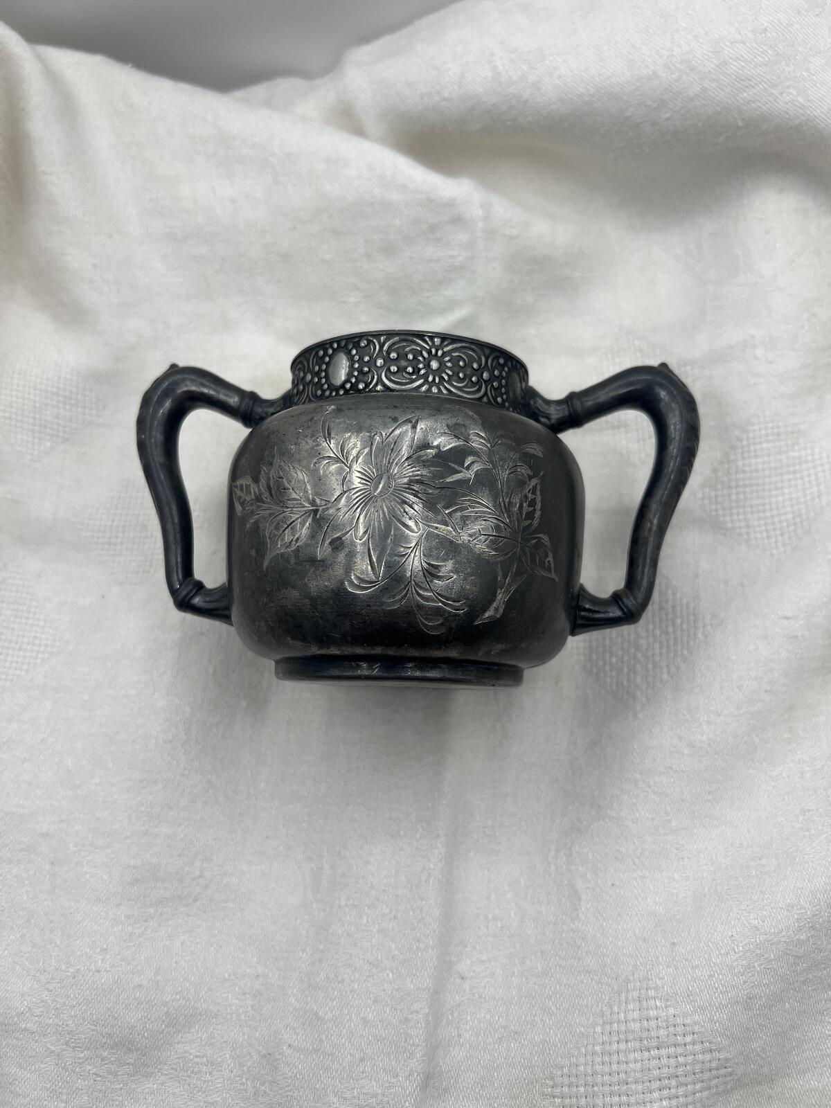 Antique Colonial Quadruple Silver Plate Company Sugar Bowl - Hand Engraved