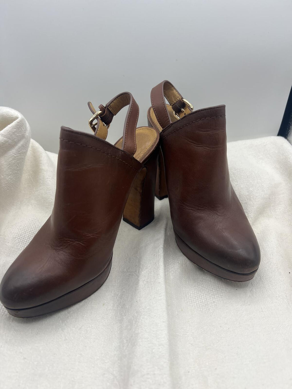 Coach Carmine Brown Leather Slingback Platform Heel Booties Size 6B