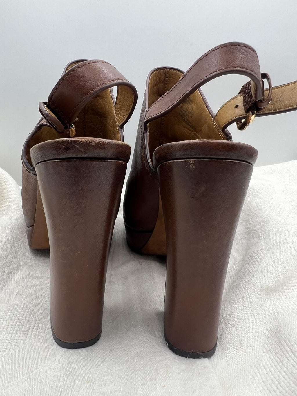 Coach Carmine Brown Leather Slingback Platform Heel Booties Size 6B