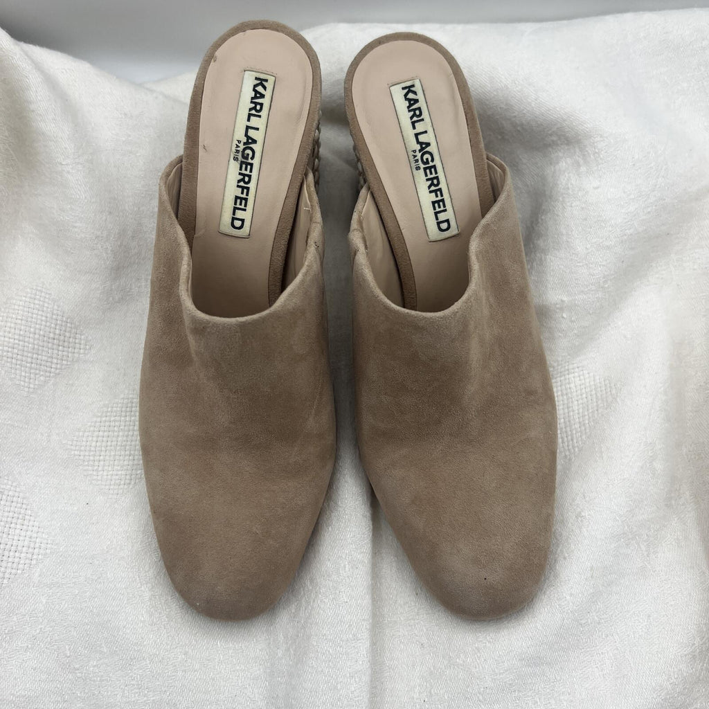 Karl Lagerfeld Paris Semir Taupe Suede Mule Block Heels Pearl Stud Size 6.5