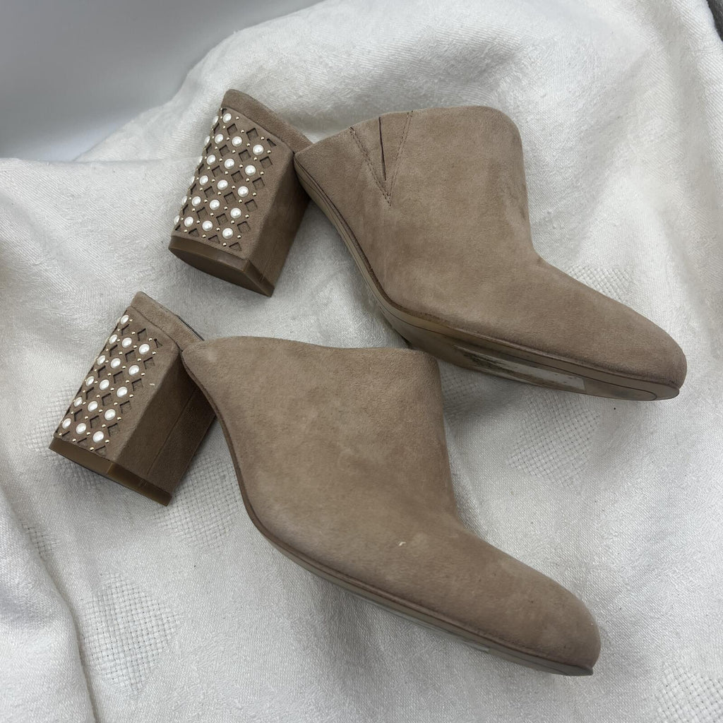 Karl Lagerfeld Paris Semir Taupe Suede Mule Block Heels Pearl Stud Size 6.5