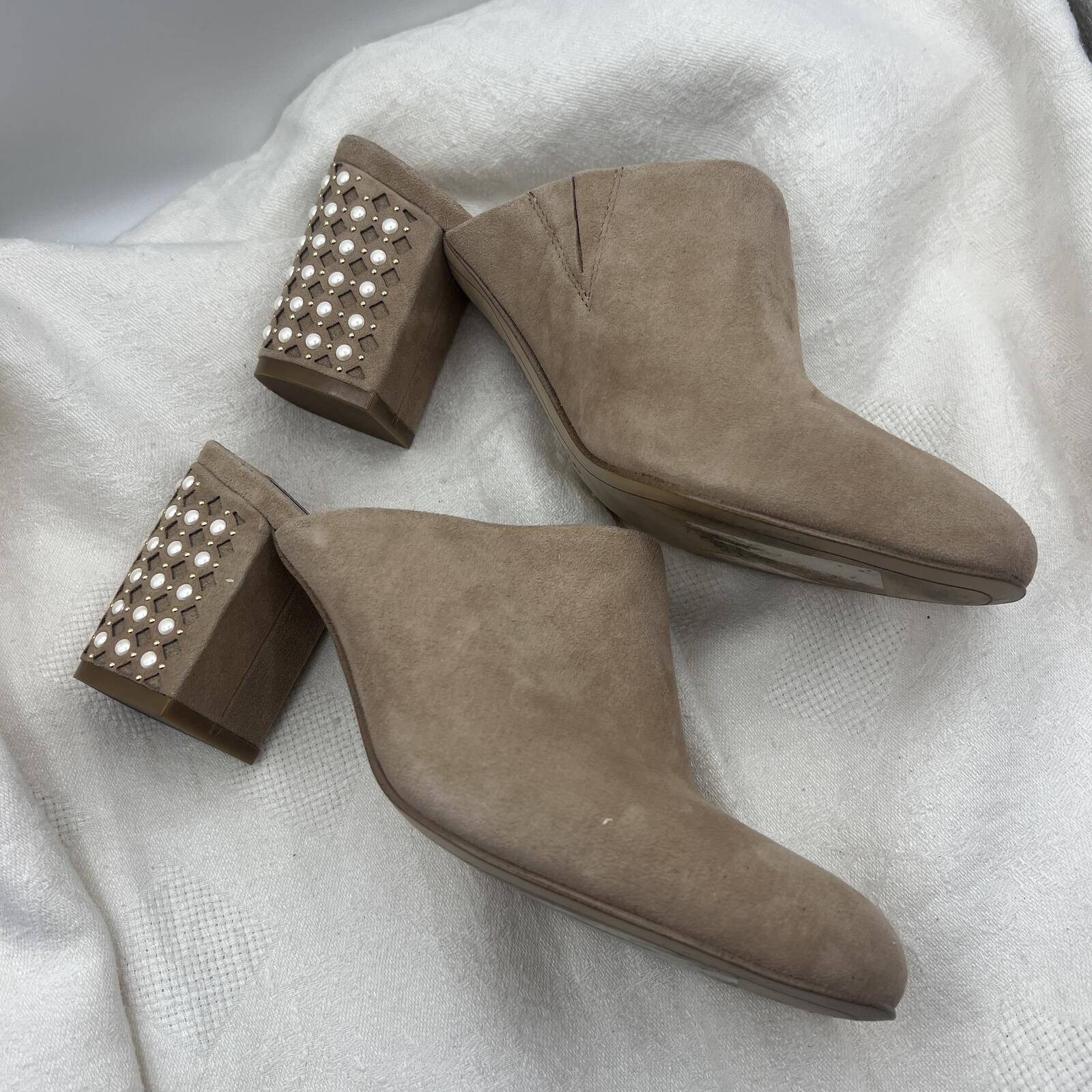 Karl Lagerfeld Paris Semir Taupe Suede Mule Block Heels Pearl Stud Size 6.5