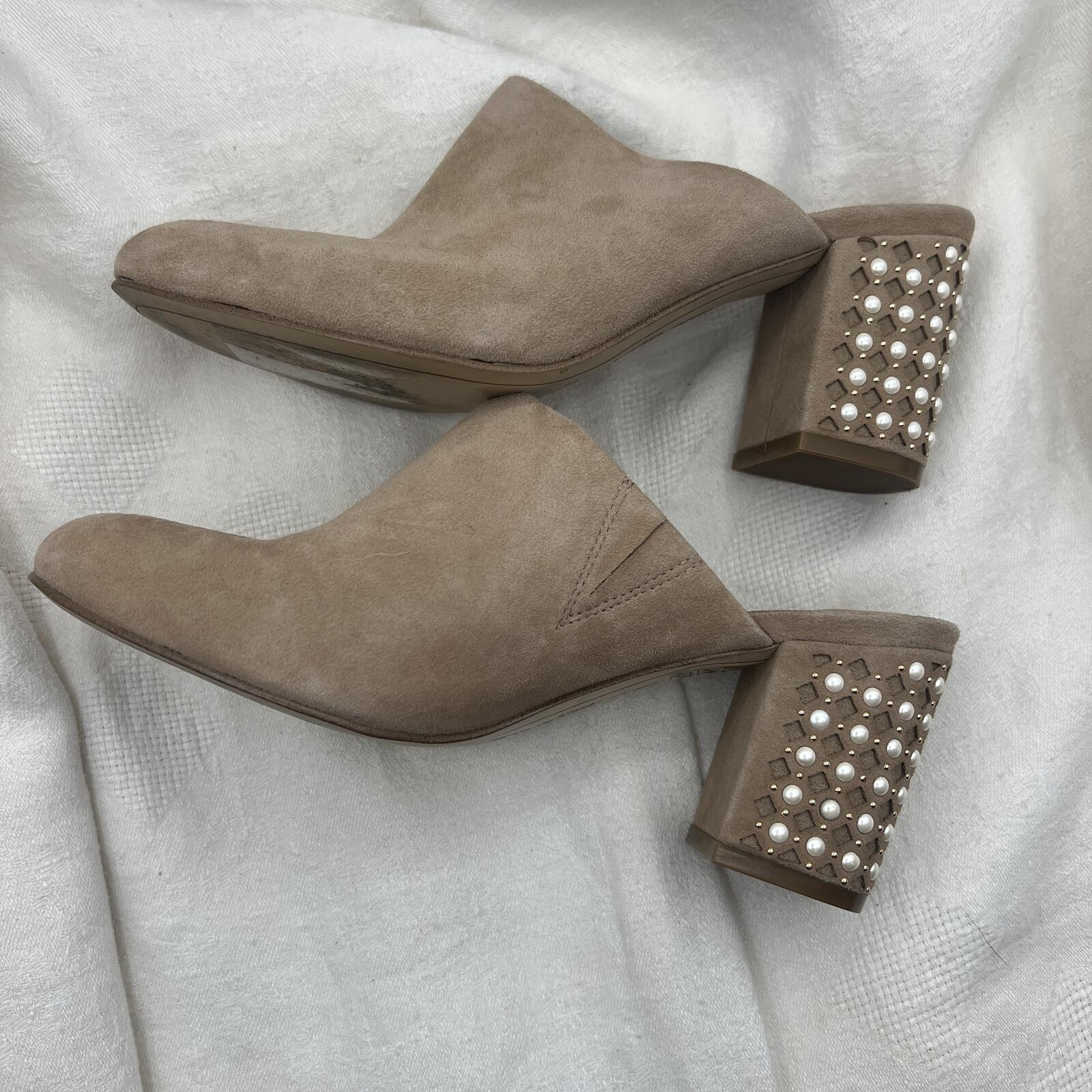 Karl Lagerfeld Paris Semir Taupe Suede Mule Block Heels Pearl Stud Size 6.5