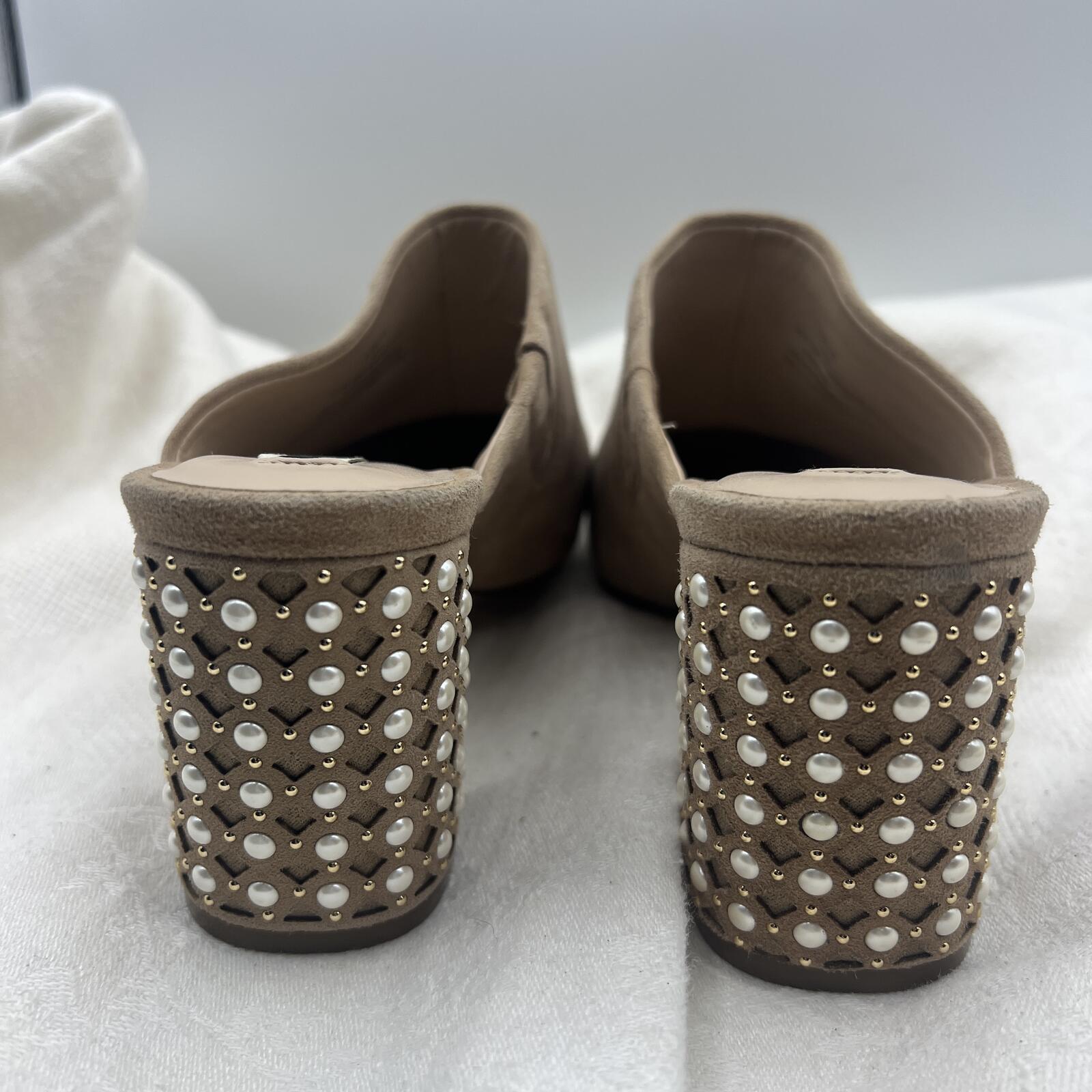 Karl Lagerfeld Paris Semir Taupe Suede Mule Block Heels Pearl Stud Size 6.5